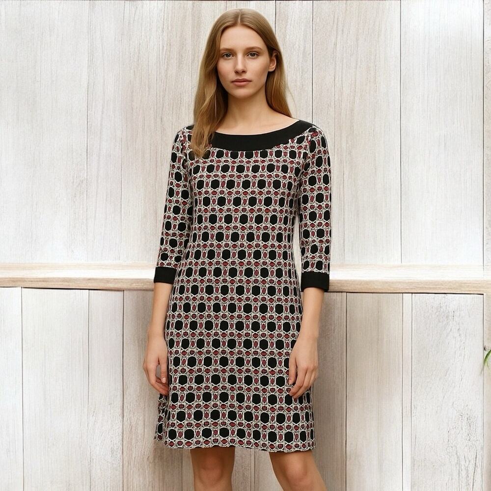 Tory Burch 100% Silk Geometric Print‎ Dress Sz M Mod Shift Style Long Sleeve